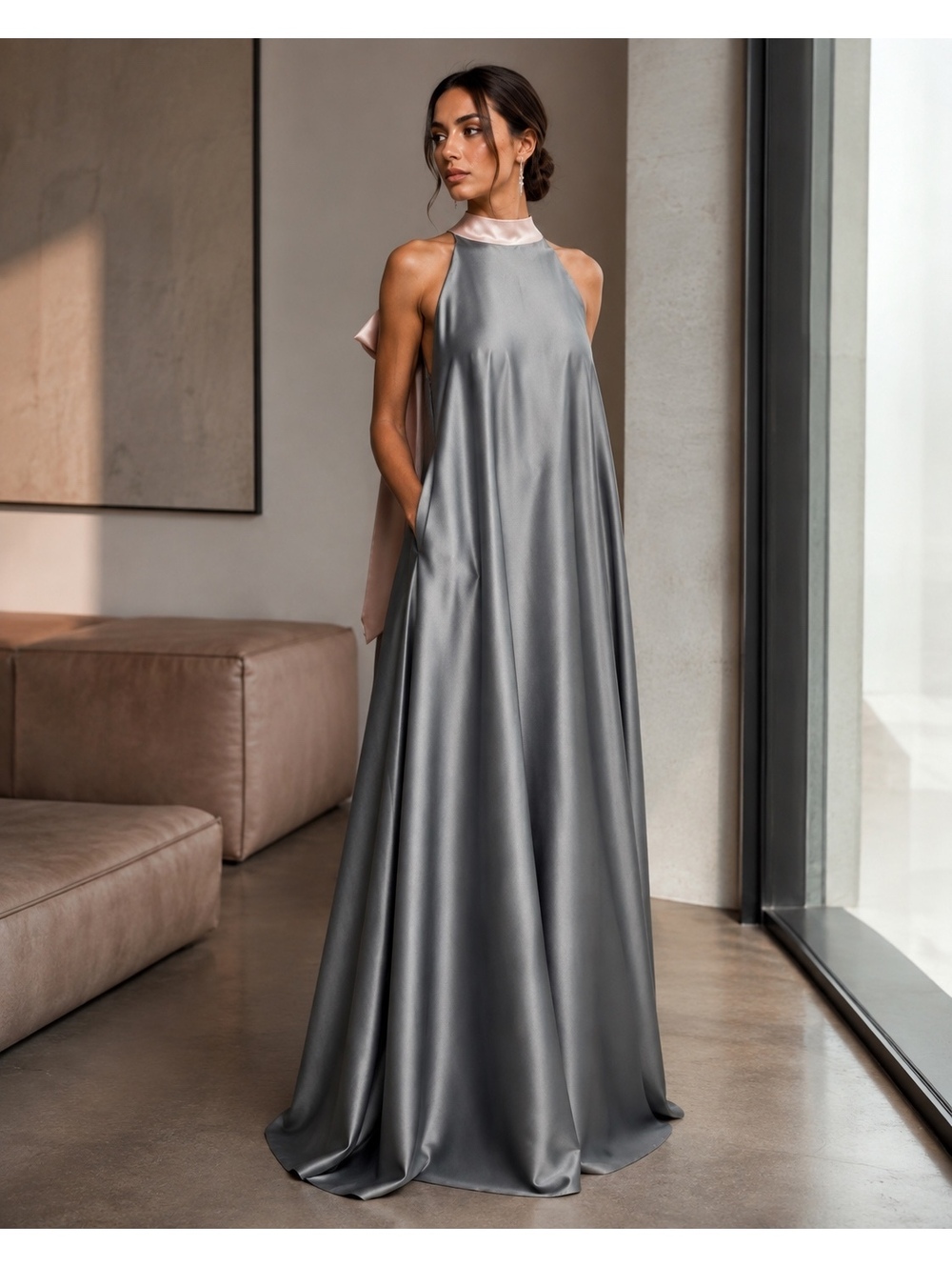 Charcoal High Neck Blush Bow Back Satin Formal Maxi Dress